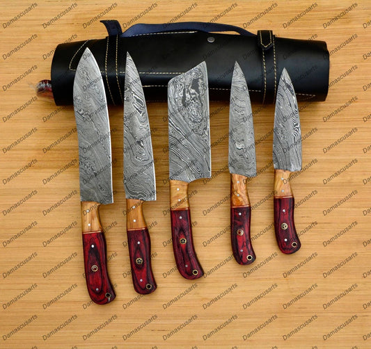 Personalized Custom Handmade Damascus Chef set Of 5pcs With Leather Cover, Kitchen Knife, Damascus Knife Set, Kitchen knives With Leather Sheath