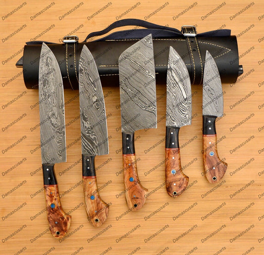 Personalized Custom Handmade Damascus Chef set Of 5pcs With Leather Cover, Kitchen Knife, Damascus Knife Set, Kitchen knives With Leather Sheath