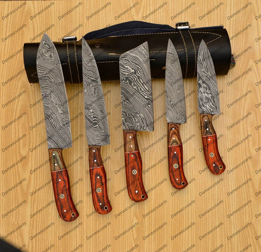 Personalized Custom Handmade Damascus Chef set Of 5pcs With Leather Cover, Kitchen Knife, Damascus Knife Set, Kitchen knives With Leather Sheath