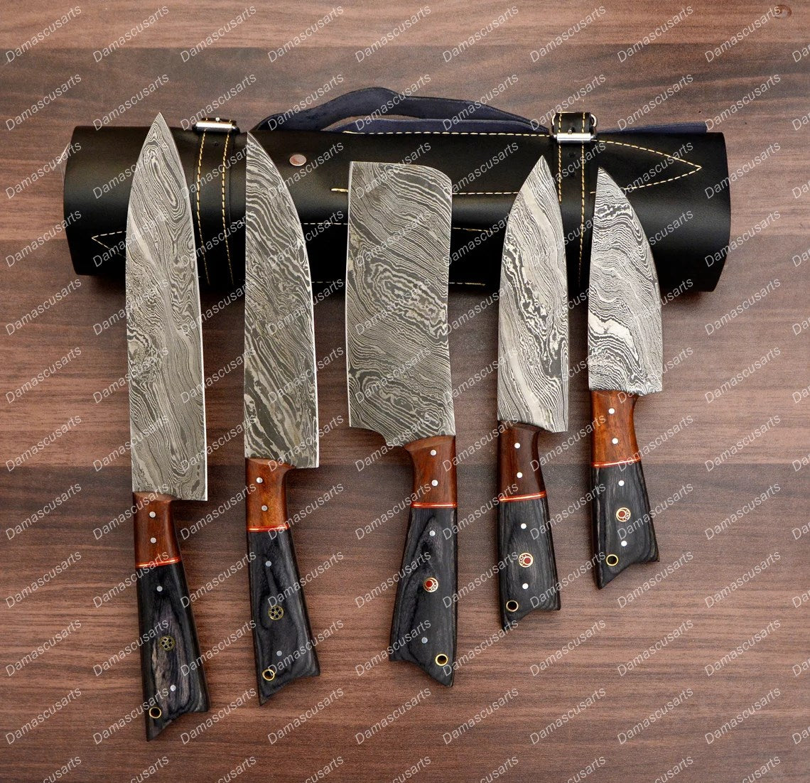 Personalized Custom Handmade Damascus Chef set Of 5pcs With Leather Cover, Kitchen Knife, Damascus Knife Set, Kitchen knives With Leather Sheath