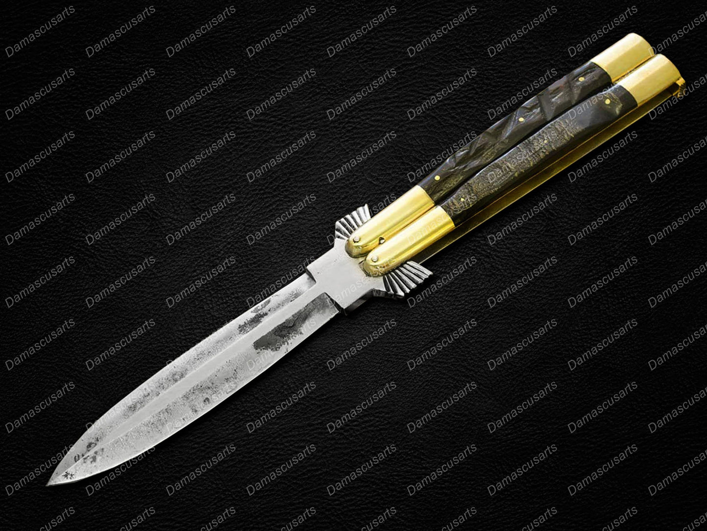 Personalized Custom Handmade Vg10 Original Filipino Balisong Butterfly Knife Brass with Carabao Horn Inserts with Leather Sheath