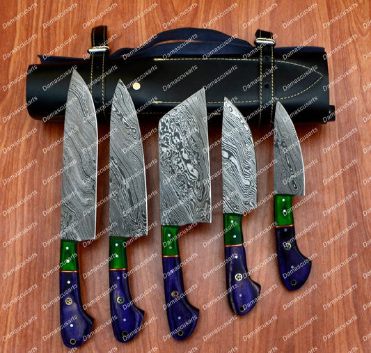 Personalized Custom Handmade Damascus Chef set Of 5pcs With Leather Cover, Kitchen Knife, Damascus Knife Set, Kitchen knives With Leather Sheath