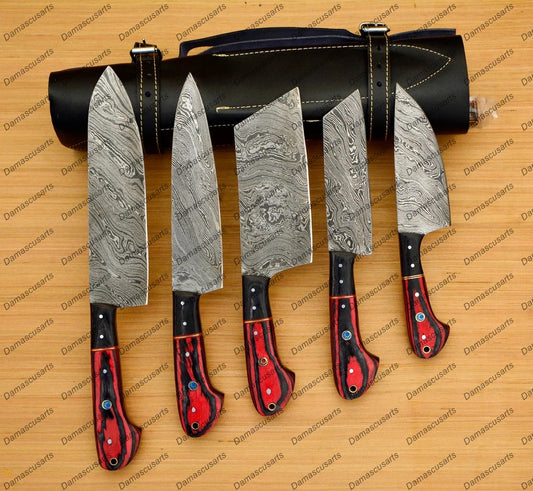 Personalized Custom Handmade Damascus Chef set Of 5pcs With Leather Cover, Kitchen Knife, Damascus Knife Set, Kitchen knives With Leather Sheath