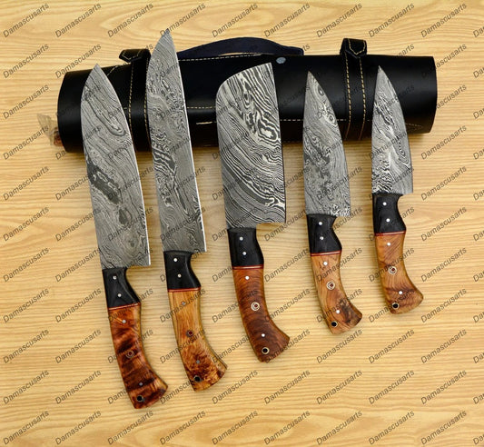 Personalized Custom Handmade Damascus Chef set Of 5pcs With Leather Cover, Kitchen Knife, Damascus Knife Set, Kitchen knives With Leather Sheath