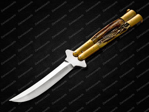 Personalized Custom Handmade 440c Stainless Steel Original Filipino Balisongs Butterfly Knife Brass with Philippine Deer Horn Inserts with Leather Sheath