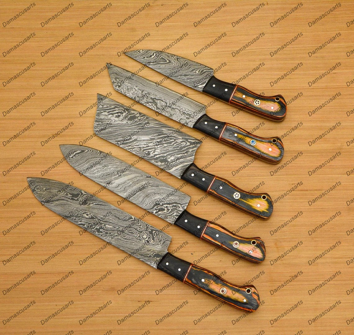 Personalized Custom Handmade Damascus Chef set Of 5pcs With Leather Cover, Kitchen Knife, Damascus Knife Set, Kitchen knives With Leather Sheath