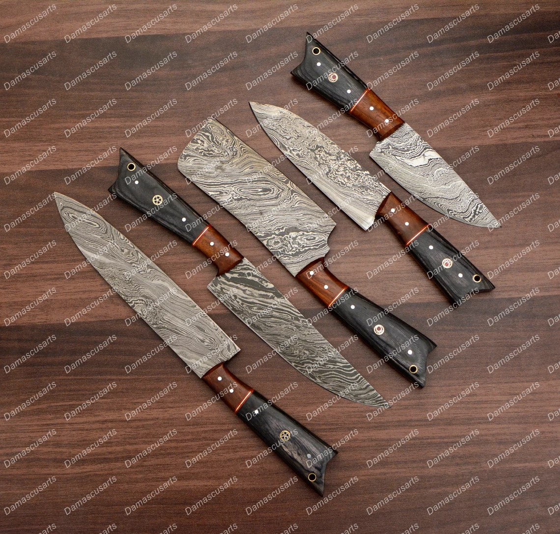 Personalized Custom Handmade Damascus Chef set Of 5pcs With Leather Cover, Kitchen Knife, Damascus Knife Set, Kitchen knives With Leather Sheath