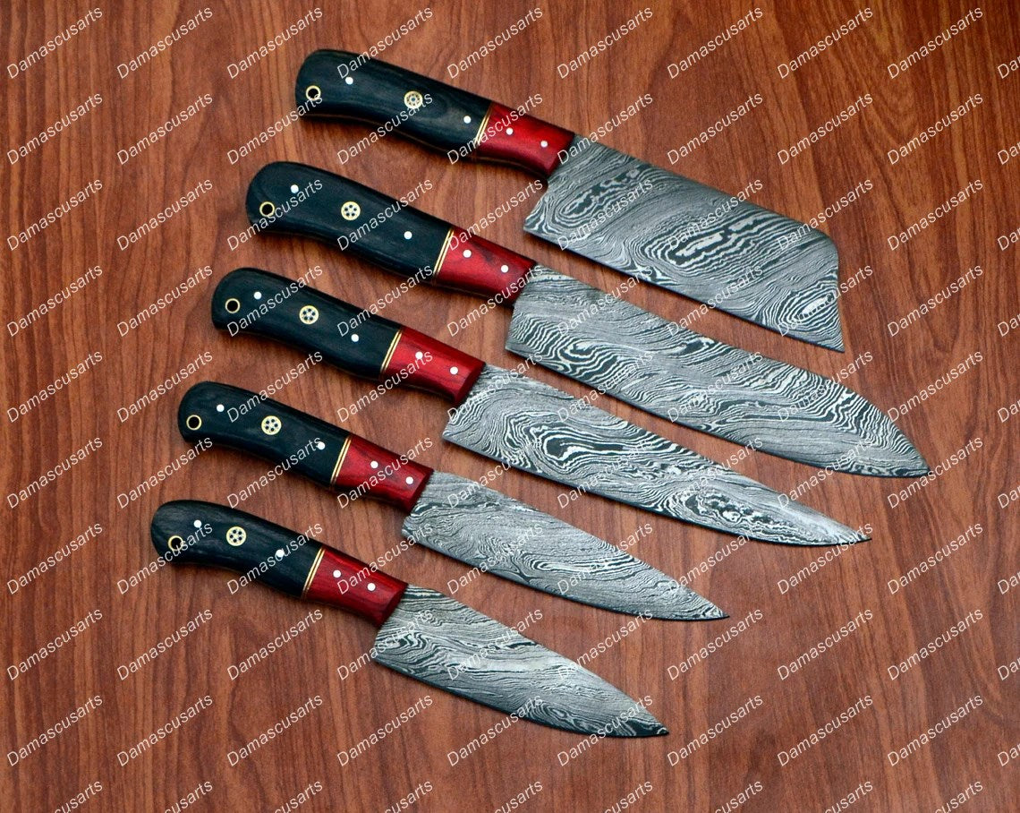 Personalized Custom Handmade Damascus Chef set Of 5pcs With Leather Cover, Kitchen Knife, Damascus Knife Set, Kitchen knives With Leather Sheath