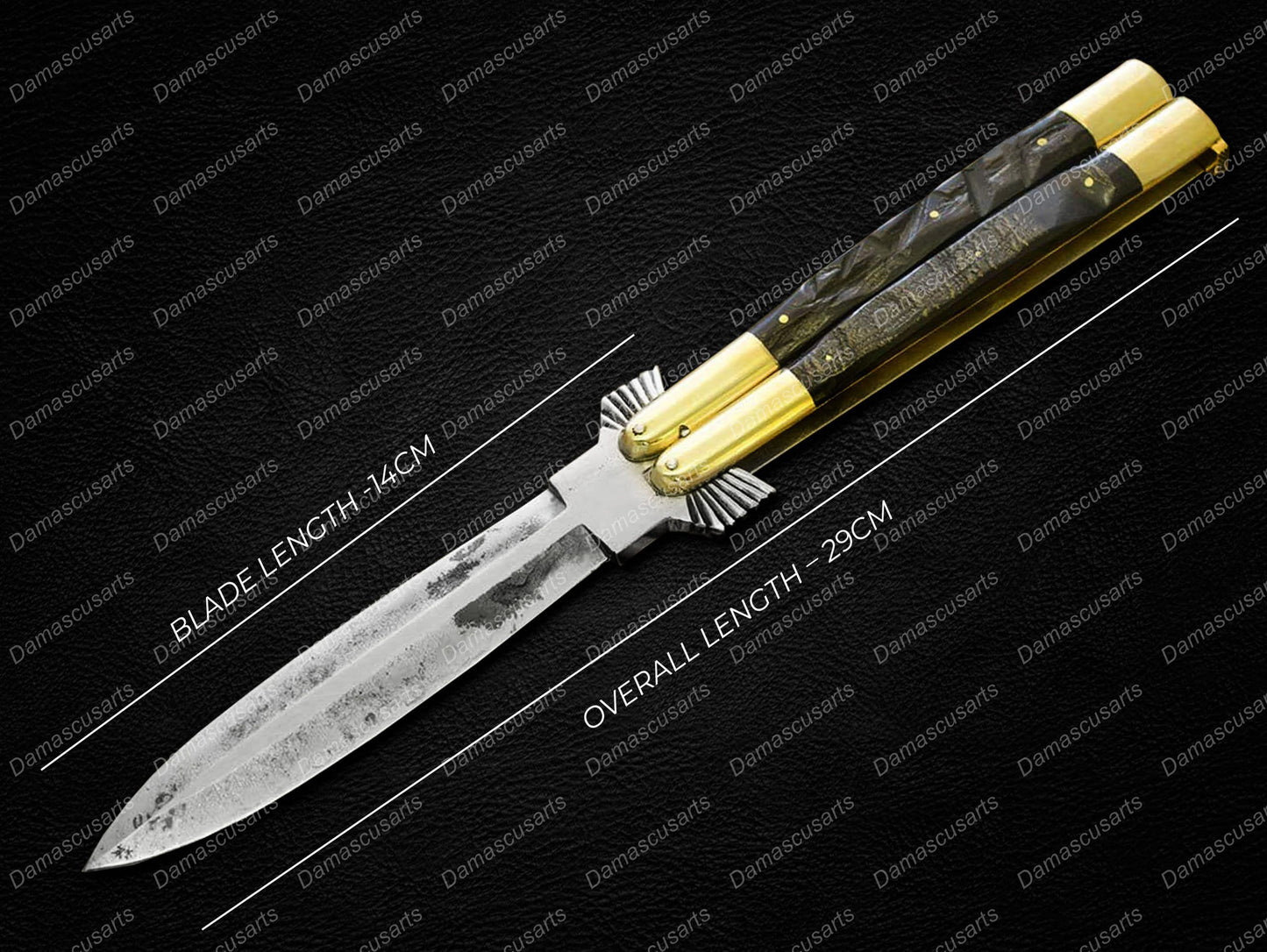 Personalized Custom Handmade Vg10 Original Filipino Balisong Butterfly Knife Brass with Carabao Horn Inserts with Leather Sheath