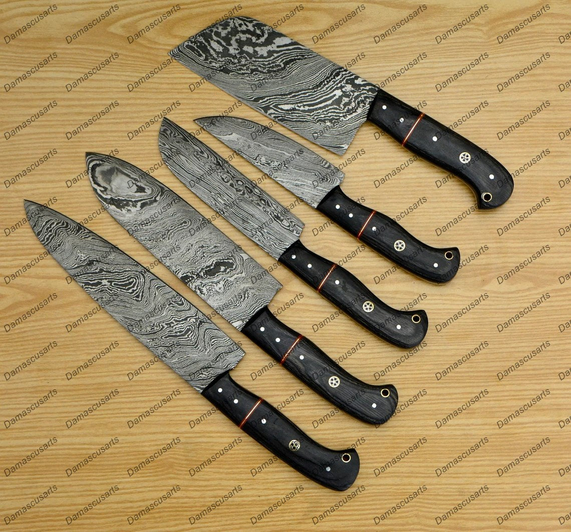 Personalized Custom Handmade Damascus Chef set Of 5pcs With Leather Cover, Kitchen Knife, Damascus Knife Set, Kitchen knives With Leather Sheath