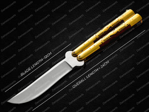 Personalized Custom Handmade 440c Stainless Steel Original Filipino Balisong Butterfly Knife Brass with Kamagong Wood Inserts with Leather Sheath
