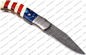 American Flag Custom Handmade Damascus Steel Blade Pattern Welded Camping Hunting Pocket Folding Survival Knife with Genuine Leather Sheath