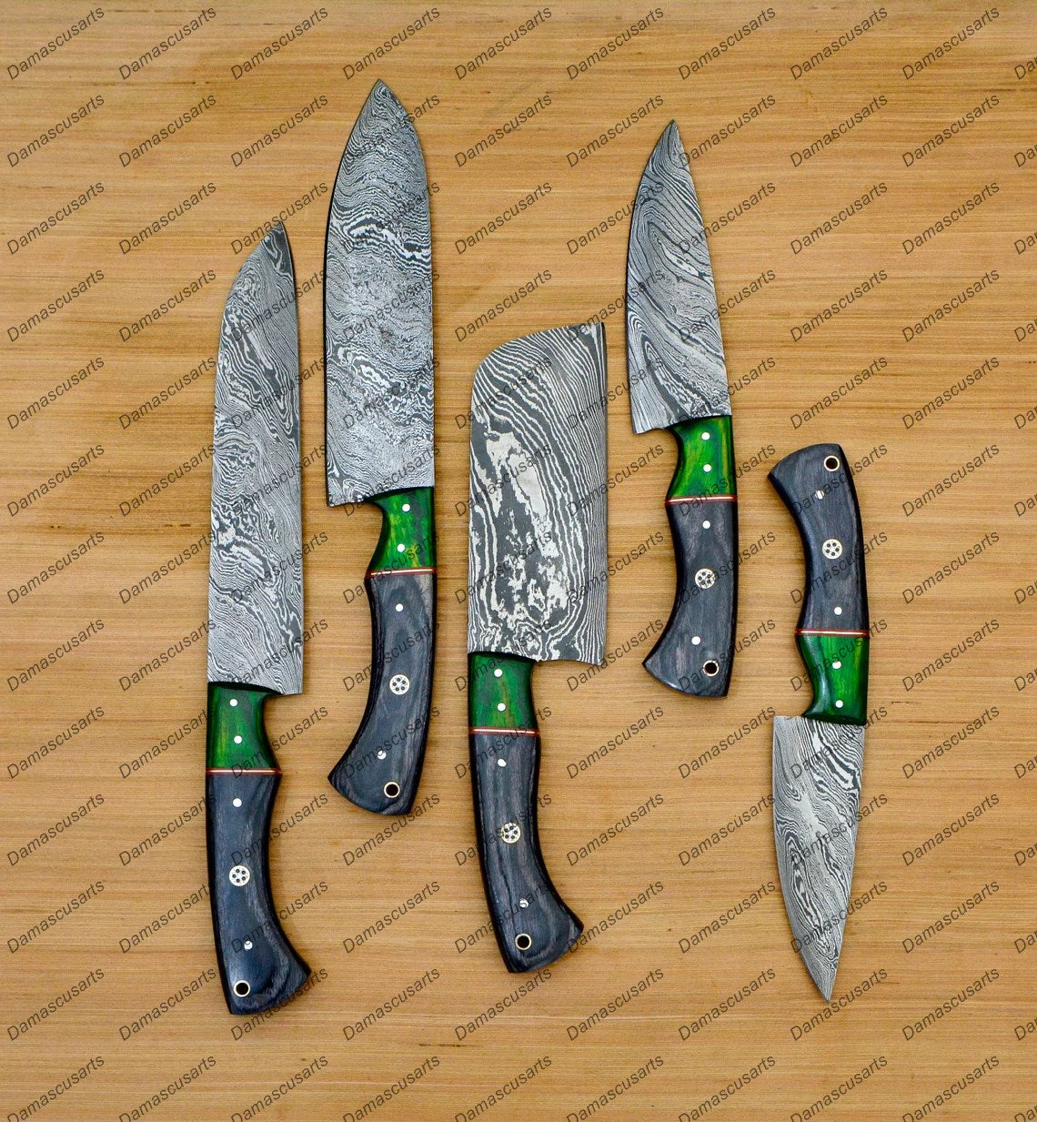 Personalized Custom Handmade Damascus Chef set Of 5pcs With Leather Cover, Kitchen Knife, Damascus Knife Set, Kitchen knives With Leather Sheath