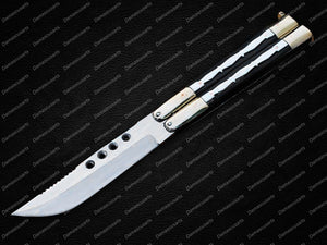 Personalized Custom Handmade D2 Tool Steel Original Filipino Balisong Butterfly Knife Brass with Stainless and Kamagong Wood Inserts World Class Knives with Leather Sheath