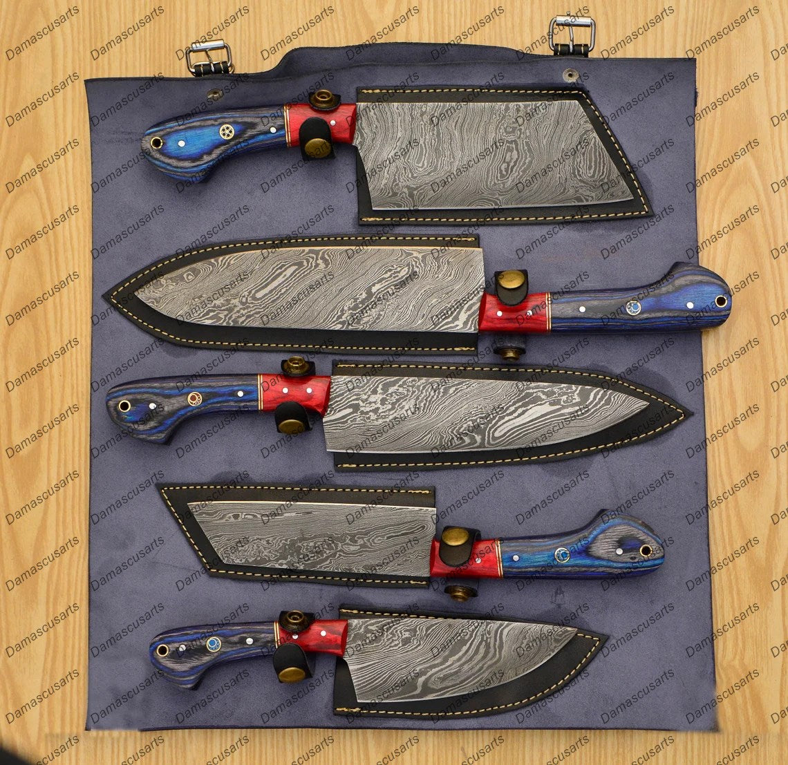 Personalized Custom Handmade Damascus Chef set Of 5pcs With Leather Cover, Kitchen Knife, Damascus Knife Set, Kitchen knives With Leather Sheath