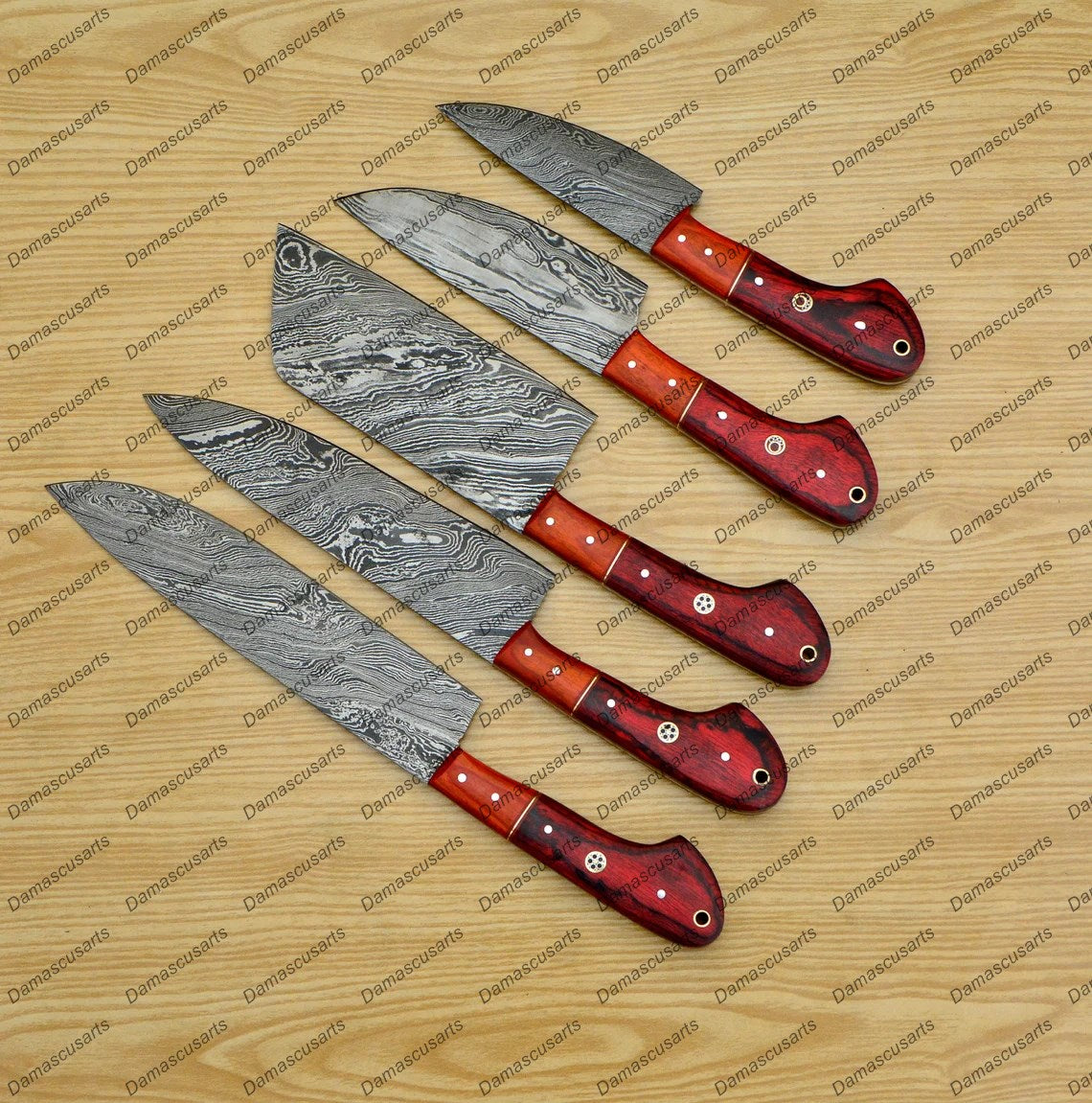 Personalized Custom Handmade Damascus Chef set Of 5pcs With Leather Cover, Kitchen Knife, Damascus Knife Set, Kitchen knives With Leather Sheath