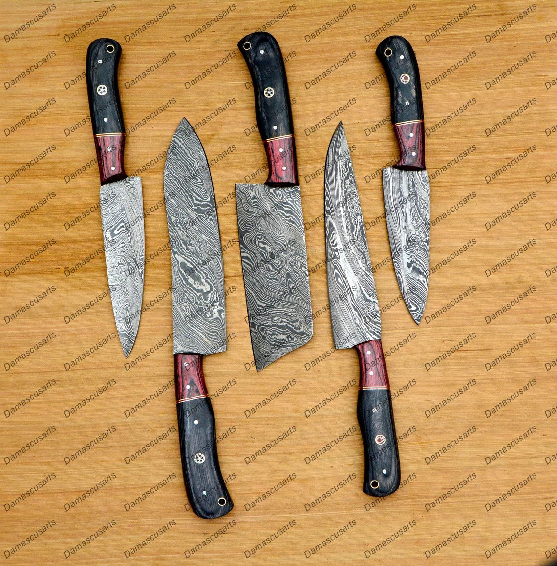 Personalized Custom Handmade Damascus Chef set Of 5pcs With Leather Cover, Kitchen Knife, Damascus Knife Set,Kitchen knives With Leather Sheath