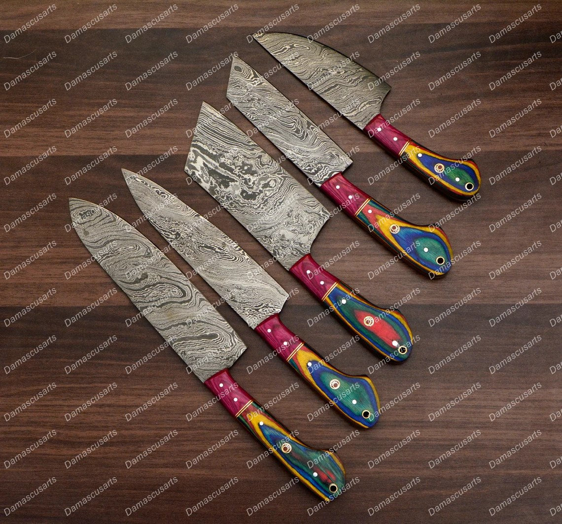 Personalized Custom Handmade Damascus Chef set Of 5pcs With Leather Cover, Kitchen Knife, Damascus Knife Set, Kitchen knives With Leather Sheath