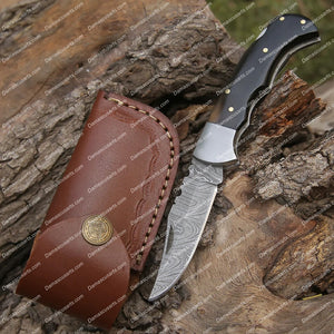 Personalized Custom Handmade Damascus Folding Knife with Pocket Clip - 6.5'' Back Lock Folding Knife Bull Horn Handle - Camping Knife With Leather Sheath