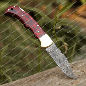 Personalized Custom Handmade Damascus Steel Pocket Folding Knife Stained Wood Handle With Leather Sheath