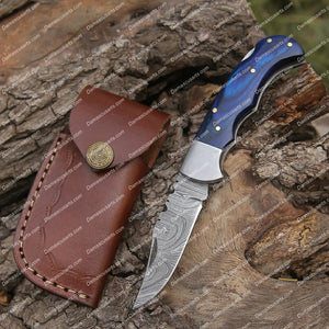 Personalized Custom Handmade Damascus Steel Hunting Folding Knife with Pocket Clip - Camping Folding Blade With Wood Handle With Leather Sheath
