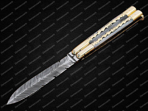 Personalized Custom Handmade D2 Tool Steel Original Filipino Balisong Butterfly Knife Brass with Bone Inserts World Class Knives with Leather Sheath