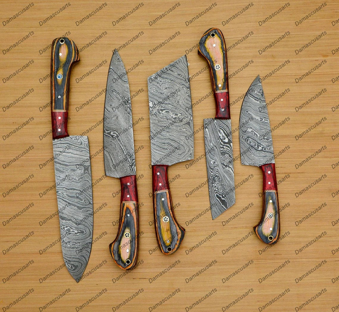 Personalized Custom Handmade Damascus Chef set Of 5pcs With Leather Cover, Kitchen Knife, Damascus Knife Set,Kitchen knives With Leather Sheath