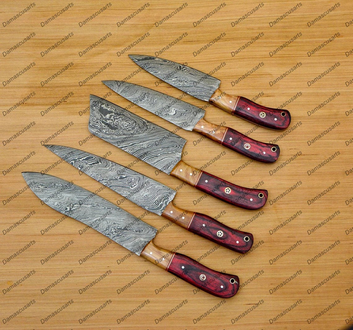 Personalized Custom Handmade Damascus Chef set Of 5pcs With Leather Cover, Kitchen Knife, Damascus Knife Set, Kitchen knives With Leather Sheath