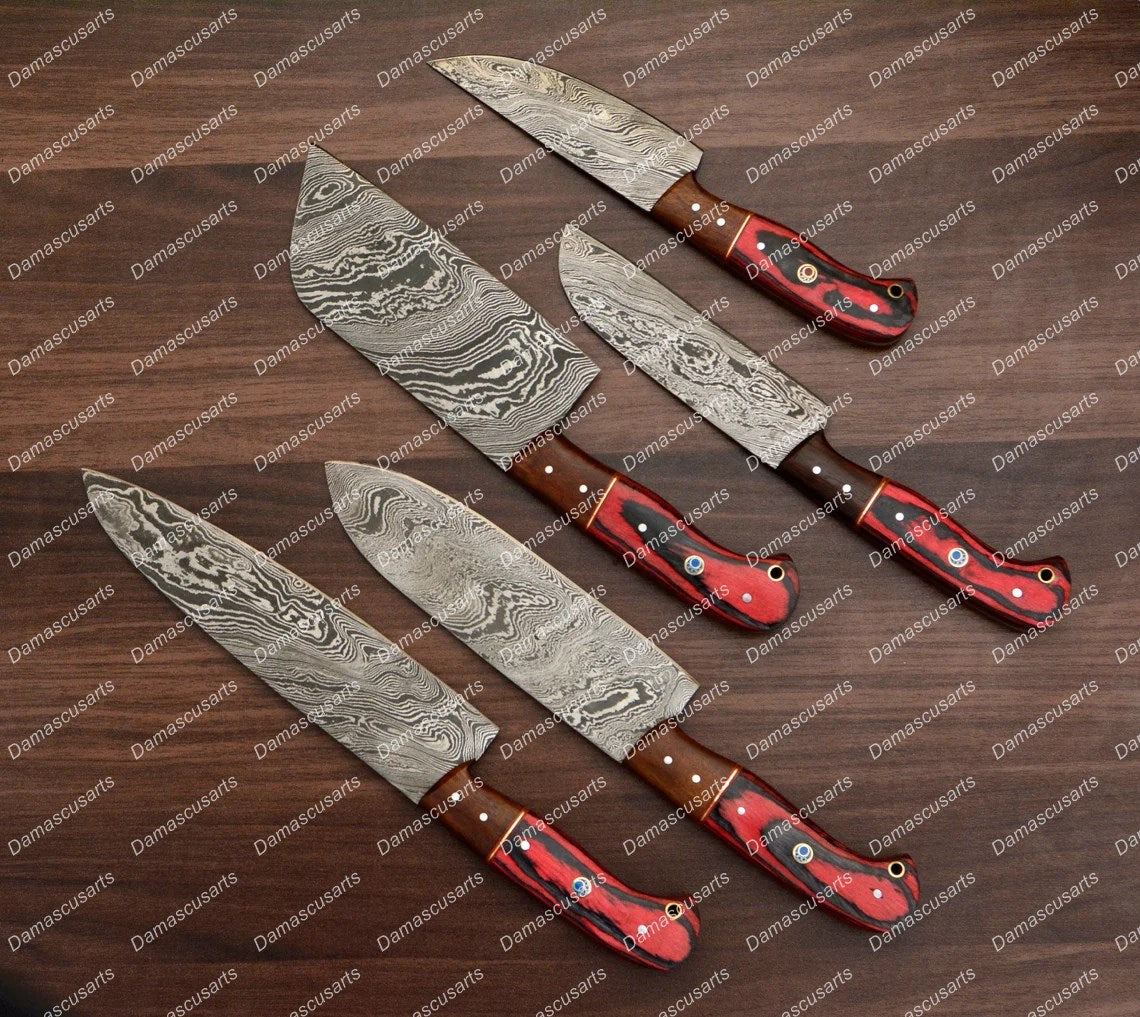 Personalized Custom Handmade Damascus Chef set Of 5pcs With Leather Cover, Kitchen Knife, Damascus Knife Set, Kitchen knives With Leather Sheath