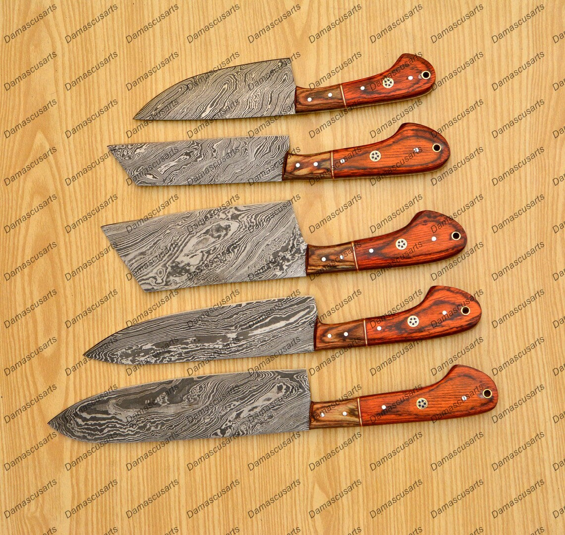 Personalized Custom Handmade Damascus Chef set Of 5pcs With Leather Cover, Kitchen Knife, Damascus Knife Set, Kitchen knives With Leather Sheath