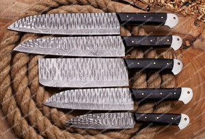 Personalized Custom Handmade Damascus Steel Chef Knives Set Chef Set Gift for Chef Kitchen Set Husband Gift Wedding Gift with Leather Sheath
