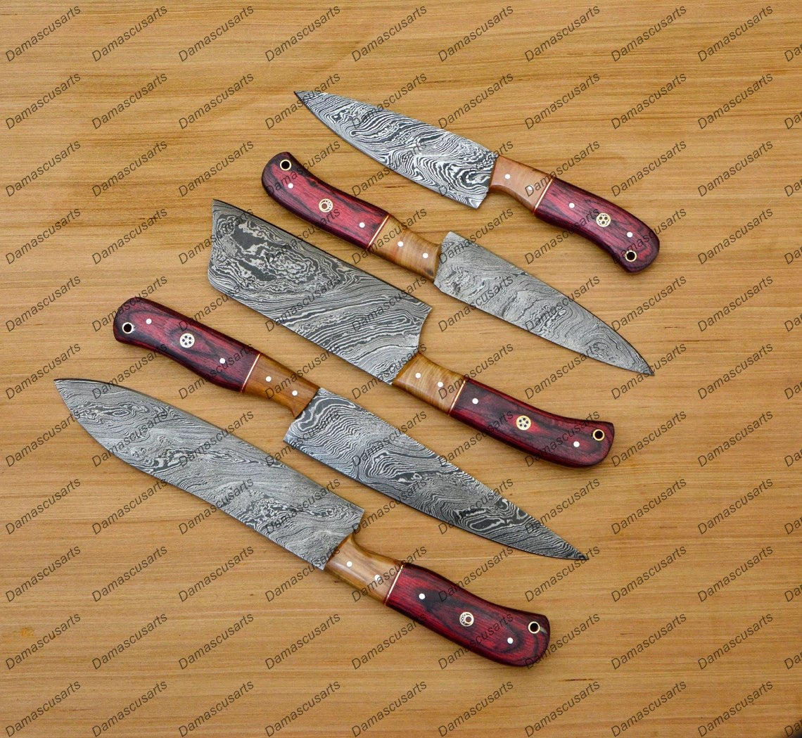 Personalized Custom Handmade Damascus Chef set Of 5pcs With Leather Cover, Kitchen Knife, Damascus Knife Set, Kitchen knives With Leather Sheath