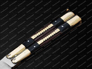 Personalized Custom Handmade D2 Tool Steel Original Filipino Balisong Butterfly Knife Brass with Kamagong Wood and Micarta Inserts World Class Knives with Leather Sheath