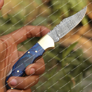 Personalized Custom Custom Handmade Damascus Steel Pocket Folding Knife Stained Wood Handle With Leather Sheath