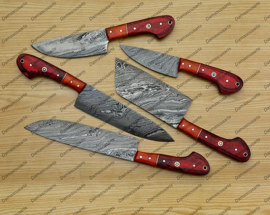 Personalized Custom Handmade Damascus Chef set Of 5pcs With Leather Cover, Kitchen Knife, Damascus Knife Set, Kitchen knives With Leather Sheath