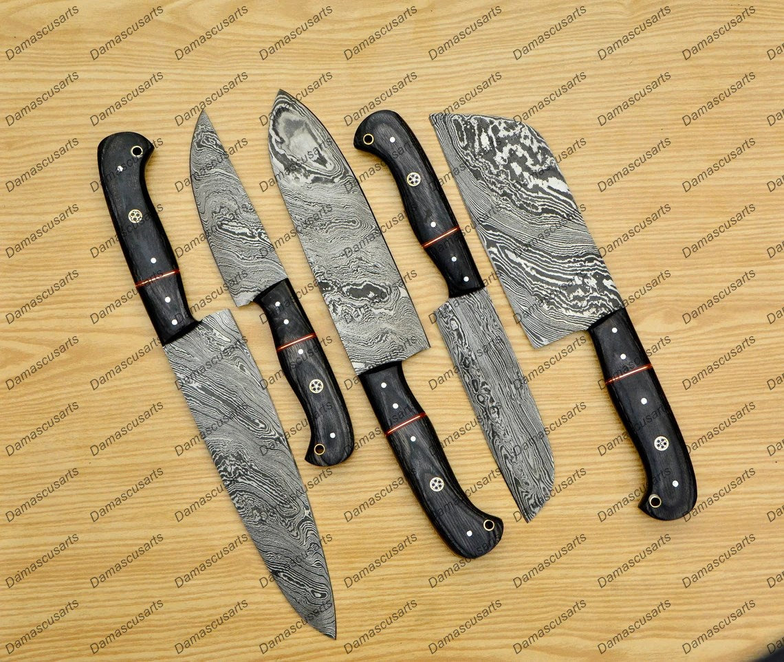 Personalized Custom Handmade Damascus Chef set Of 5pcs With Leather Cover, Kitchen Knife, Damascus Knife Set, Kitchen knives With Leather Sheath