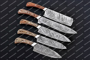 Personalized Custom Handmade Damascus Steel Chef Knives Set Chef Set Gift for Chef Kitchen Set Husband Gift Wedding Gift with Leather Sheath