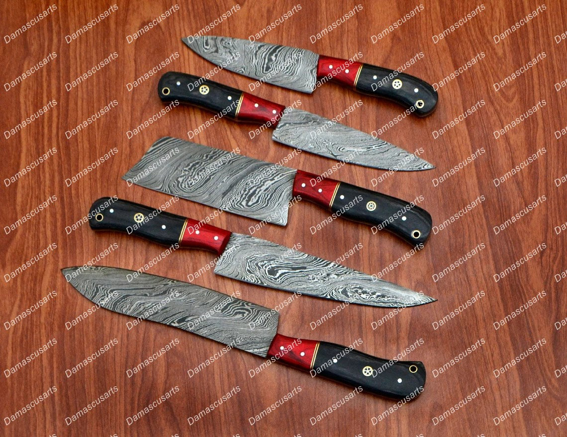 Personalized Custom Handmade Damascus Chef set Of 5pcs With Leather Cover, Kitchen Knife, Damascus Knife Set, Kitchen knives With Leather Sheath