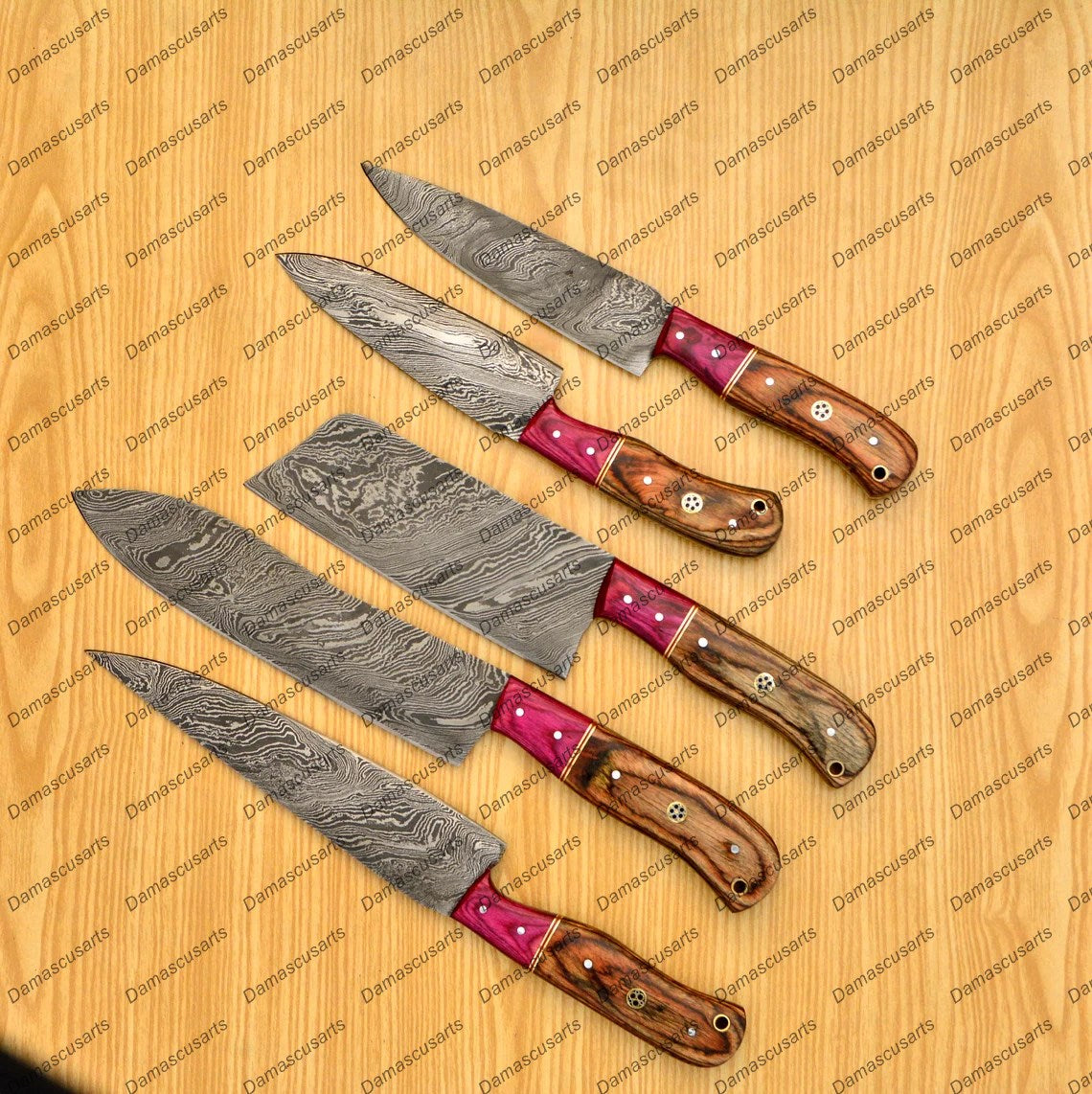 Personalized Custom Handmade Damascus Chef set Of 5pcs With Leather Cover, Kitchen Knife, Damascus Knife Set, Kitchen knives With Leather Sheath