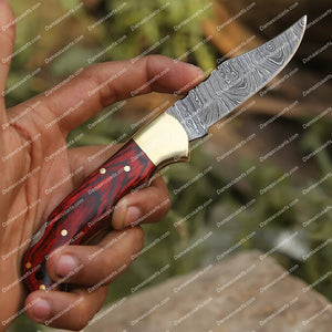 Personalized Custom Handmade Damascus Steel Pocket Folding Knife Stained Wood Handle With Leather Sheath