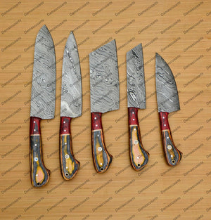 Personalized Custom Handmade Damascus Chef set Of 5pcs With Leather Cover, Kitchen Knife, Damascus Knife Set,Kitchen knives With Leather Sheath