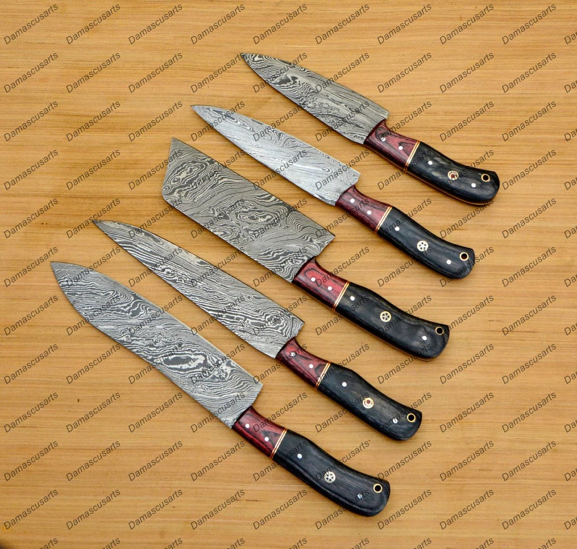 Personalized Custom Handmade Damascus Chef set Of 5pcs With Leather Cover, Kitchen Knife, Damascus Knife Set,Kitchen knives With Leather Sheath