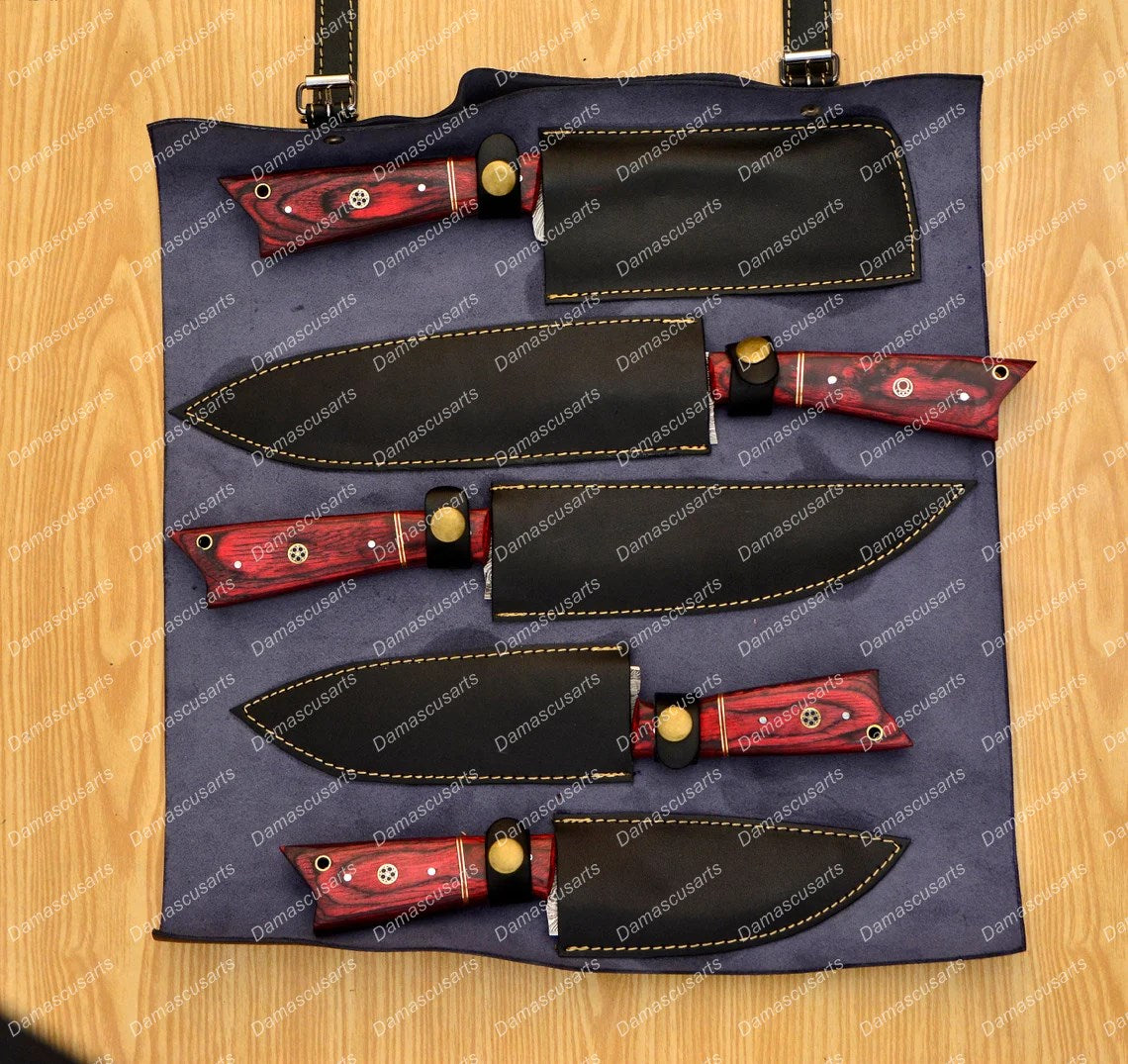 Personalized Custom Handmade Damascus Chef set Of 5pcs With Leather Cover, Kitchen Knife, Damascus Knife Set, Kitchen knives With Leather Sheath