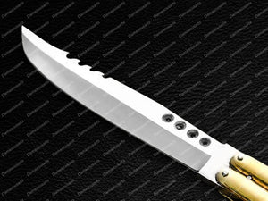 Personalized Custom Handmade Original Filipino Balisong Butterfly Knife Brass with Kamagong Wood Inserts with Leather Sheath
