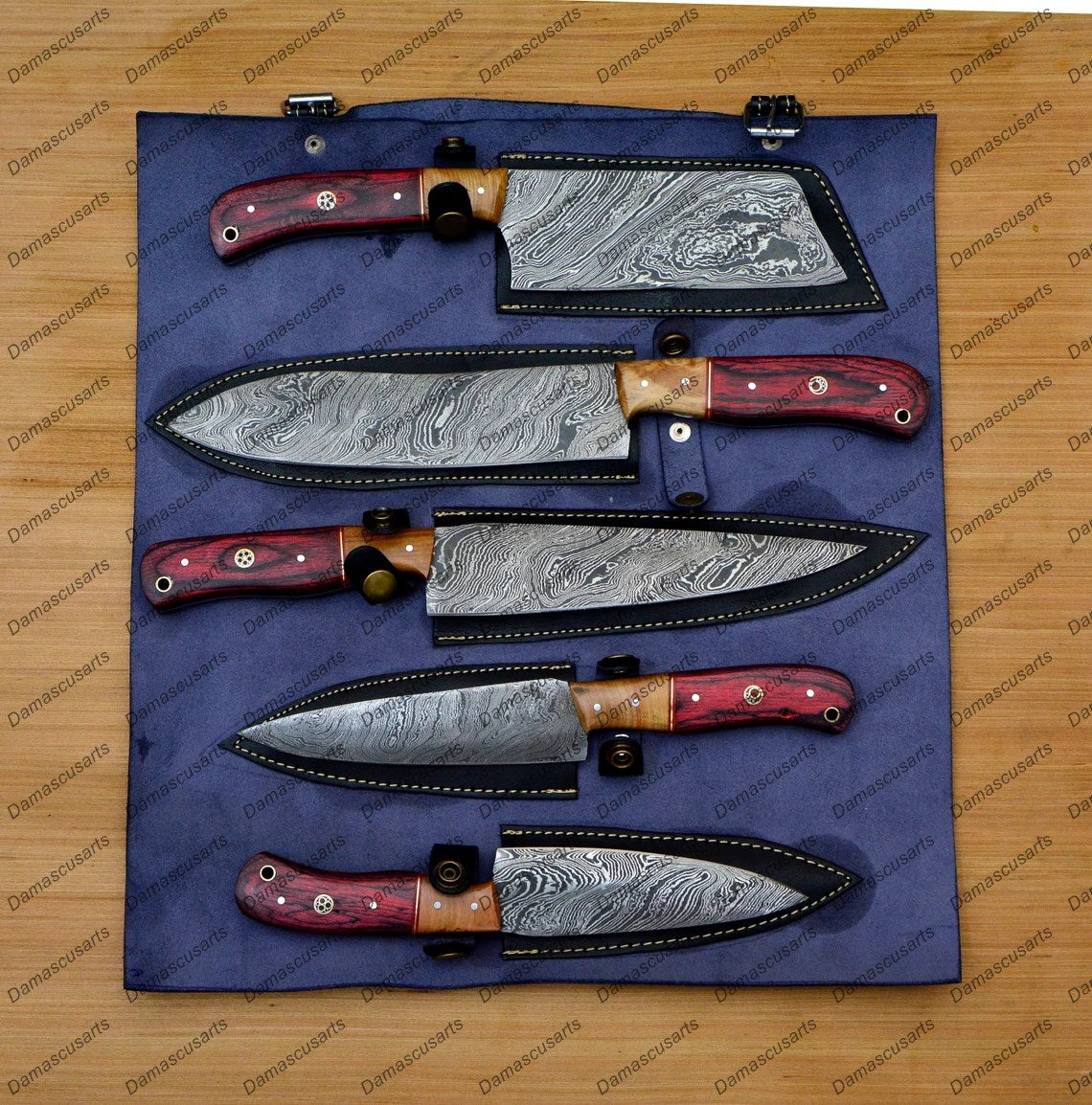 Personalized Custom Handmade Damascus Chef set Of 5pcs With Leather Cover, Kitchen Knife, Damascus Knife Set, Kitchen knives With Leather Sheath