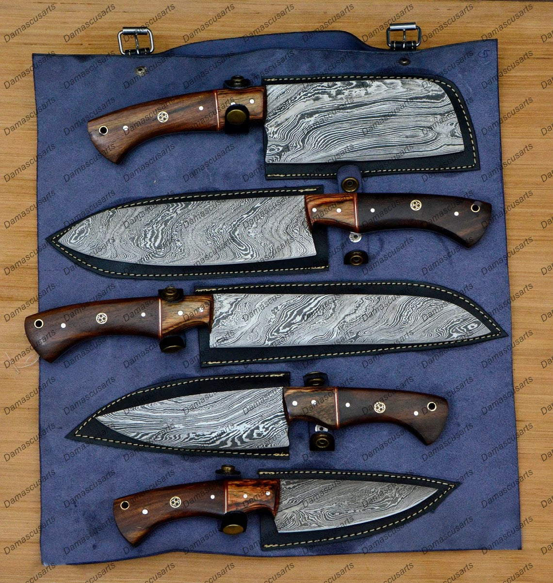 Personalized Custom Handmade Damascus Chef set Of 5pcs With Leather Cover, Kitchen Knife, Damascus Knife Set, Kitchen knives With Leather Sheath