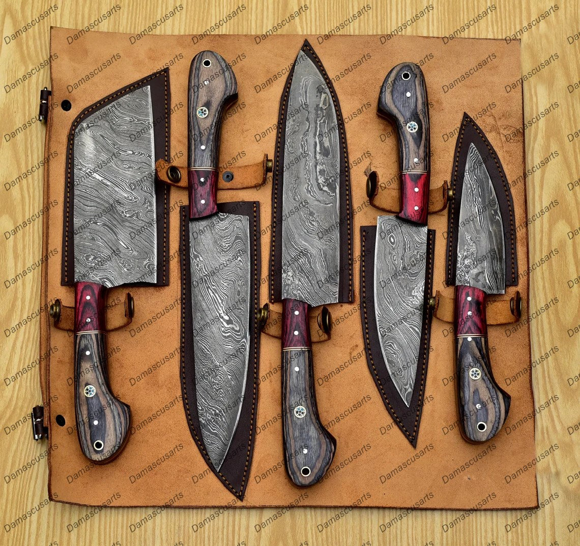 Personalized Custom Handmade Damascus Chef set Of 5pcs With Leather Cover, Kitchen Knife, Damascus Knife Set, Kitchen knives With Leather Sheath