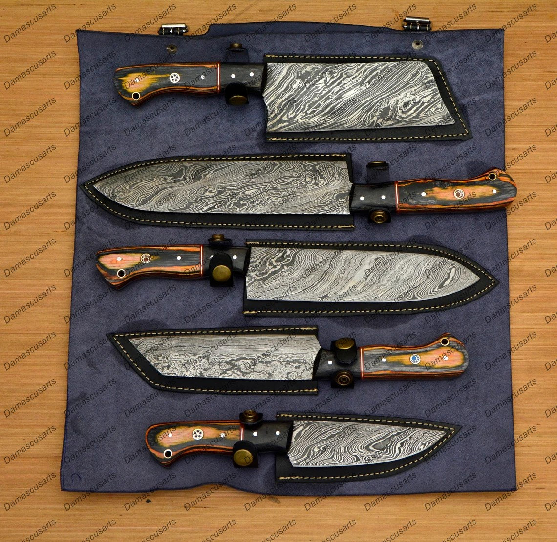 Personalized Custom Handmade Damascus Chef set Of 5pcs With Leather Cover, Kitchen Knife, Damascus Knife Set, Kitchen knives With Leather Sheath