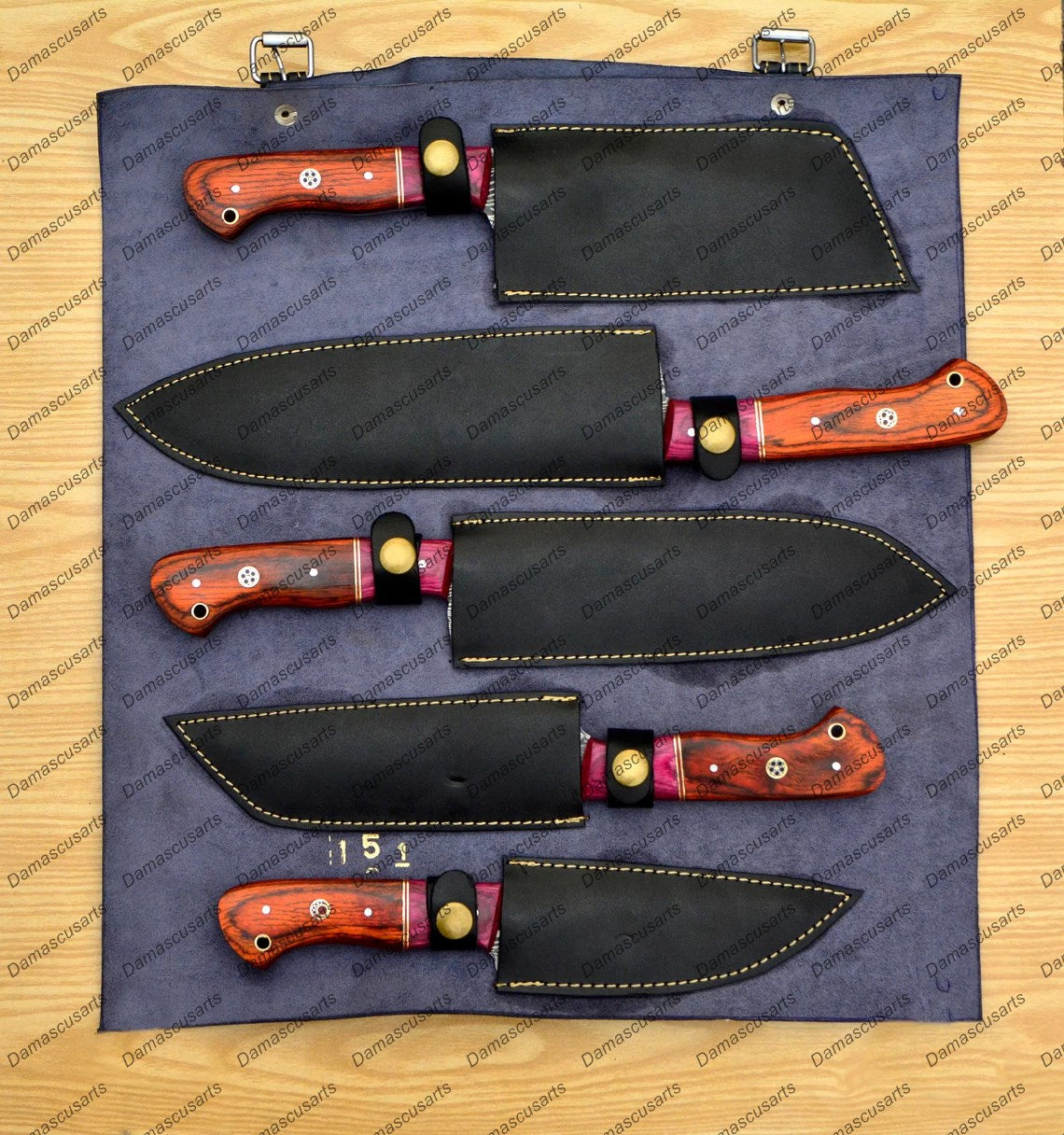 Personalized Custom Handmade Damascus Chef set Of 5pcs With Leather Cover, Kitchen Knife, Damascus Knife Set, Kitchen knives With Leather Sheath