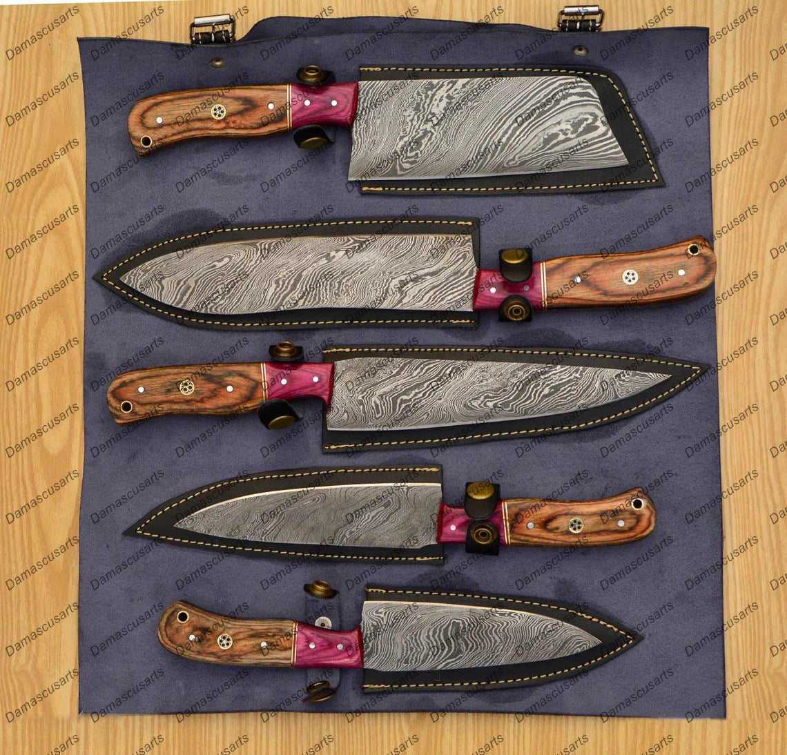 Personalized Custom Handmade Damascus Chef set Of 5pcs With Leather Cover, Kitchen Knife, Damascus Knife Set, Kitchen knives With Leather Sheath